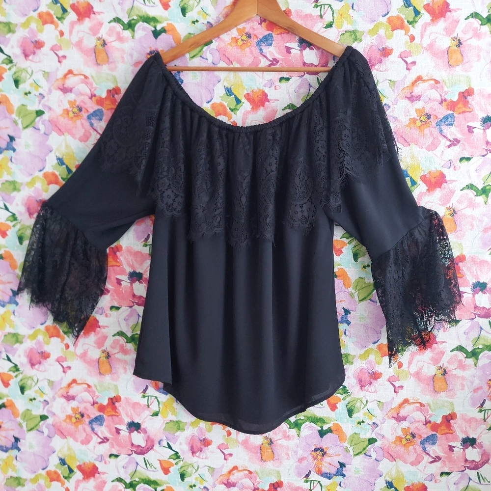 Michel Studio Black Lace Off The Shoulder Blouse Plus Size 18